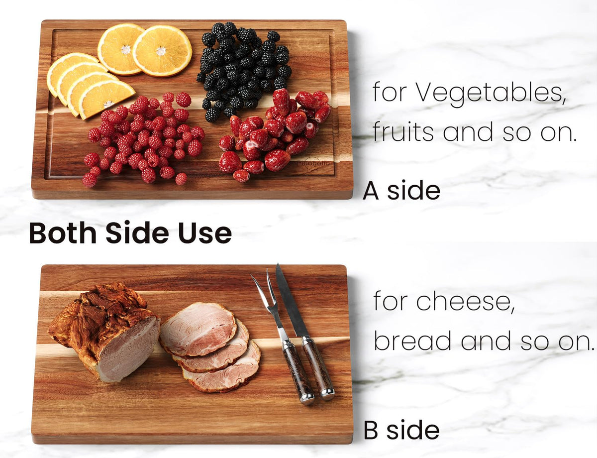 Fibogollo medium acacia board ideal for fruits and slicing tasks.