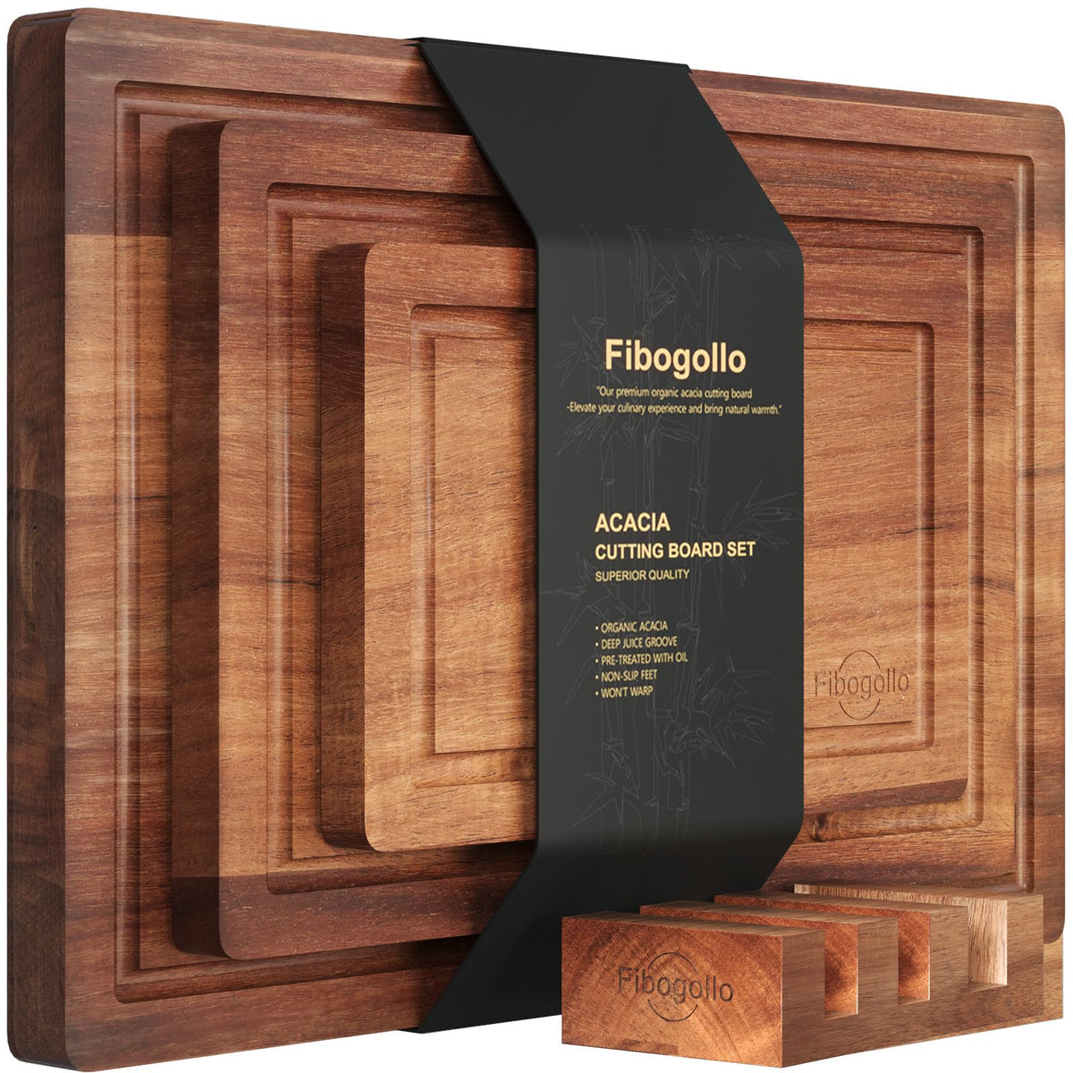 Fibogollo three-piece acacia cutting boards with juice groove for mess-free prep.