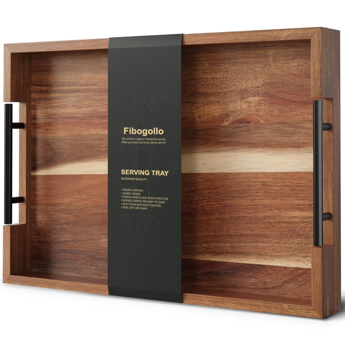 Fibogollo acacia wood serving tray with metal handles for easy transport.