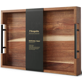 Fibogollo acacia wood serving tray with metal handles for easy transport.