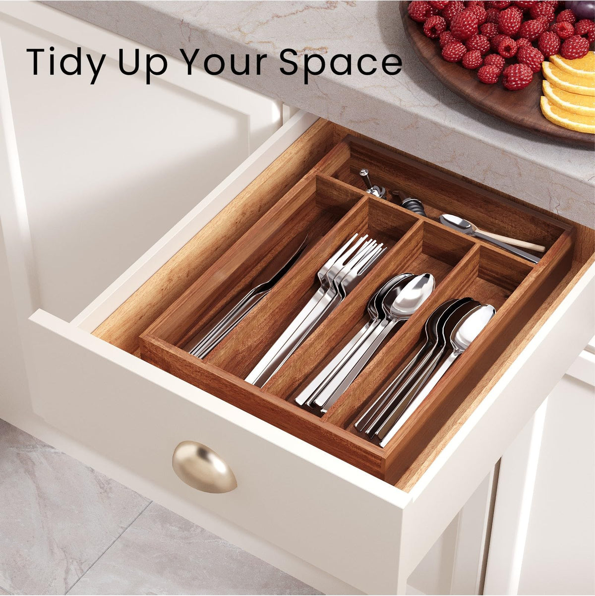 Fibogollo acacia wood organizer, drawer-safe surface simplifies cleaning.