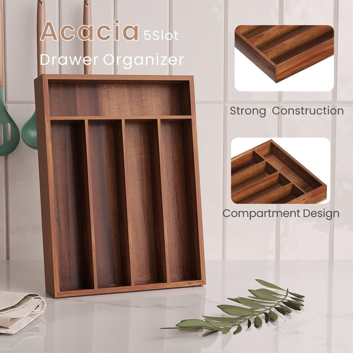 Fibogollo acacia wood drawer-front organizer, sturdy edges for daily use.