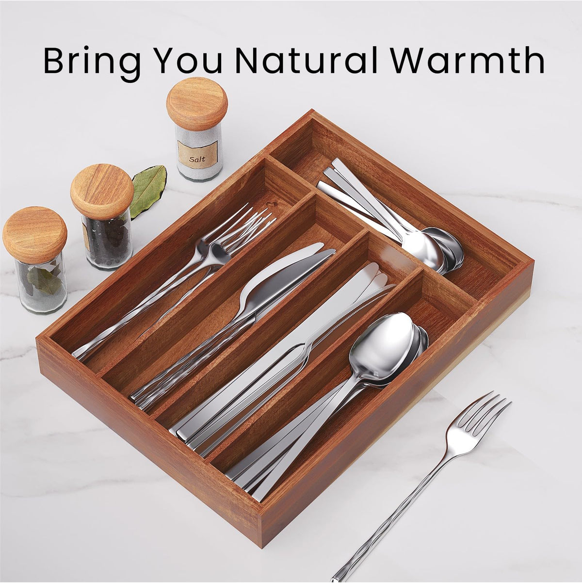 Fibogollo acacia wood silverware organizer, compact design stays neat and clutter-free.