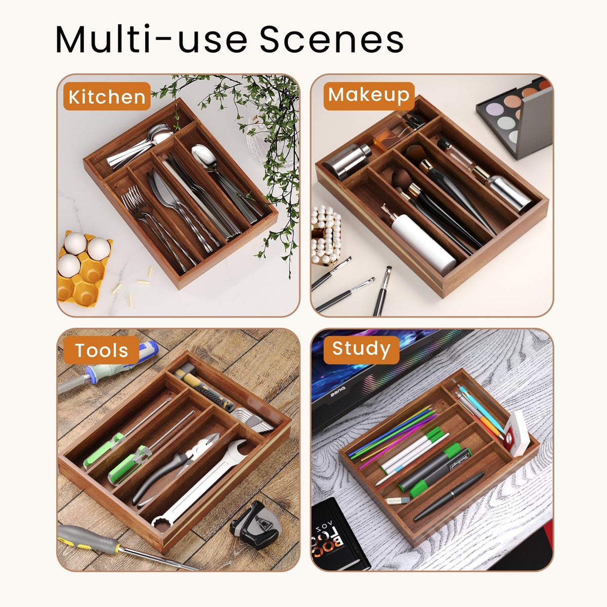 Fibogollo acacia wood silverware organizer, versatile in kitchen and beyond.