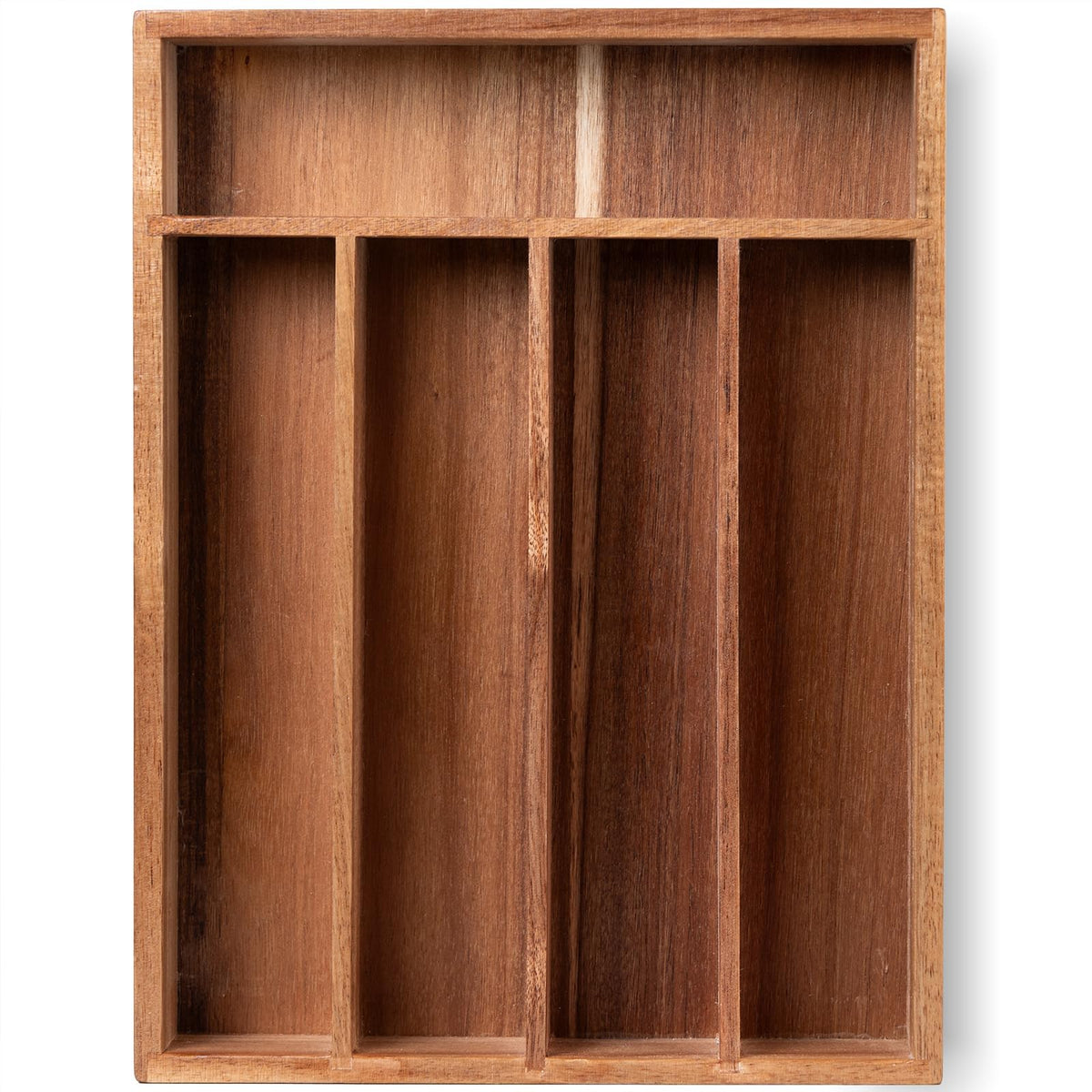 Fibogollo silverware organizer in acacia wood, top view keeps utensils organized and accessible.