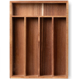Fibogollo silverware organizer in acacia wood, top view keeps utensils organized and accessible.