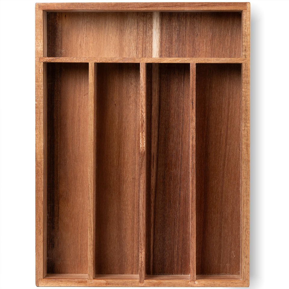 Fibogollo silverware organizer in acacia wood, top view keeps utensils organized and accessible.