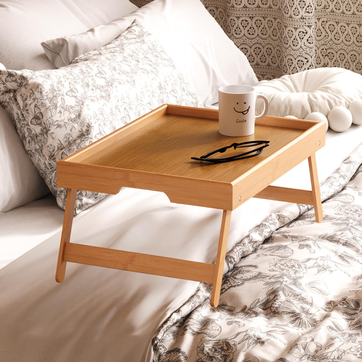 Fibogollo bed tray guardrail prevents spills and protects surfaces