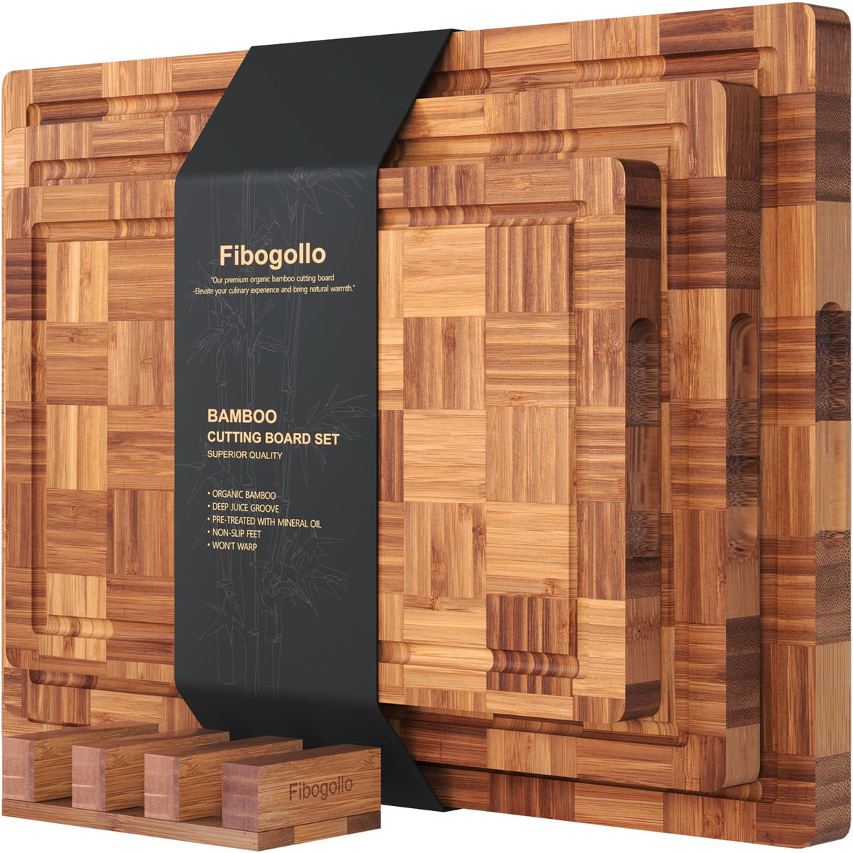 Fibogollo bamboo cutting boards set large on kitchen counter for family meals.