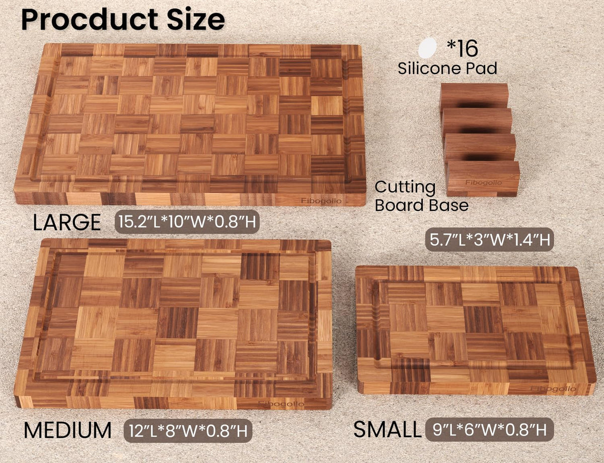 Fibogollo three-piece bamboo cutting board set offers versatile sizes for prep and serving