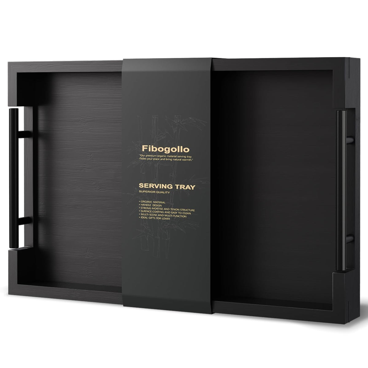 Fibogollo bamboo serving tray with metal handles, durable and easy to carry.