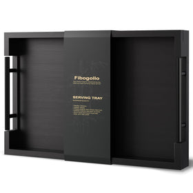 Fibogollo bamboo serving tray with metal handles, durable and easy to carry.