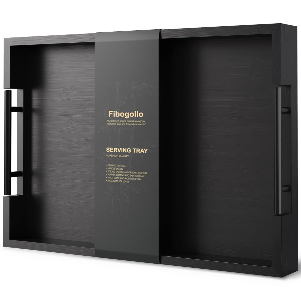 Fibogollo bamboo serving tray with metal handles enhances table service and style.
