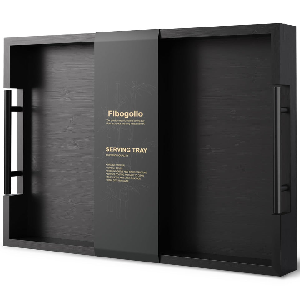 Fibogollo bamboo serving tray with metal handles enhances table service and style.