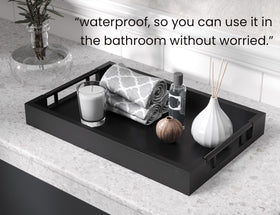 Fibogollo bamboo serving tray close-up of rounded handles for safe lifting.
