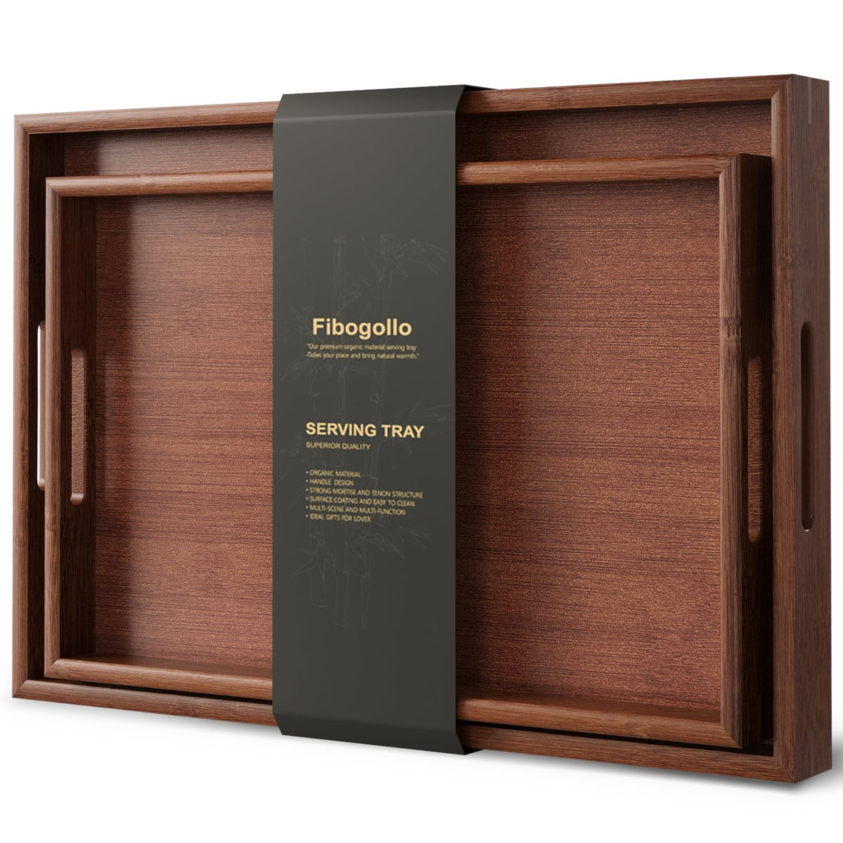 Fibogollo bamboo tray set with two handles for easy serving.