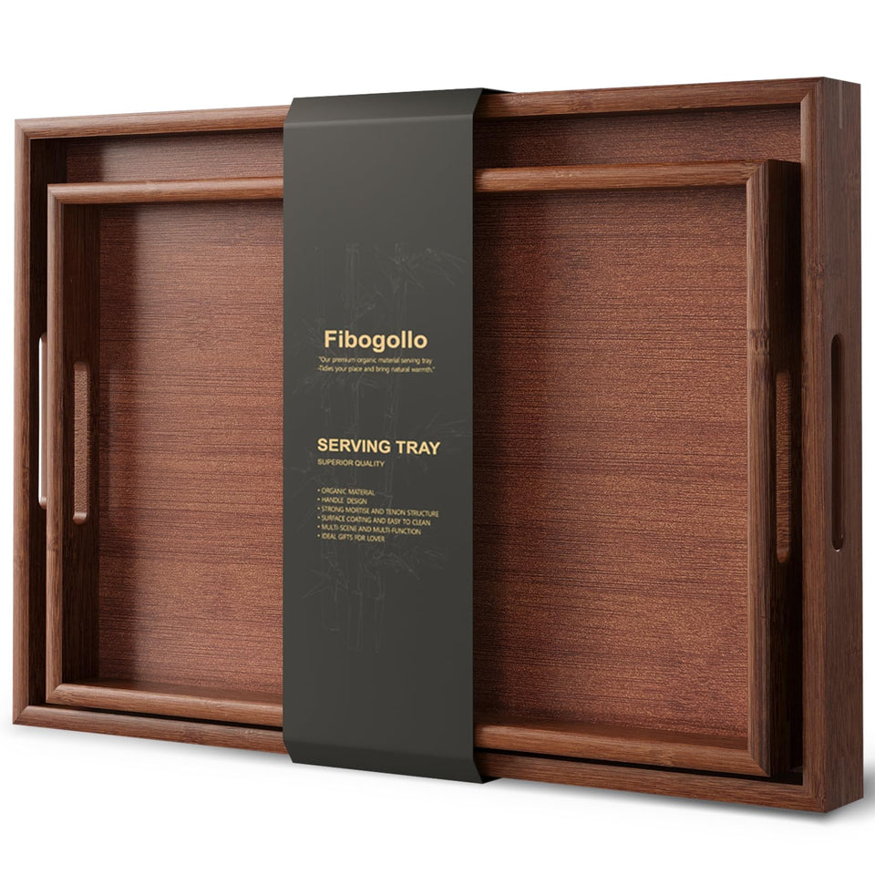 Fibogollo bamboo tray set with two handles for easy serving.