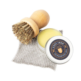 Field Company chain mail scrubber for gentle, effective residue removal without stripping seasoning.