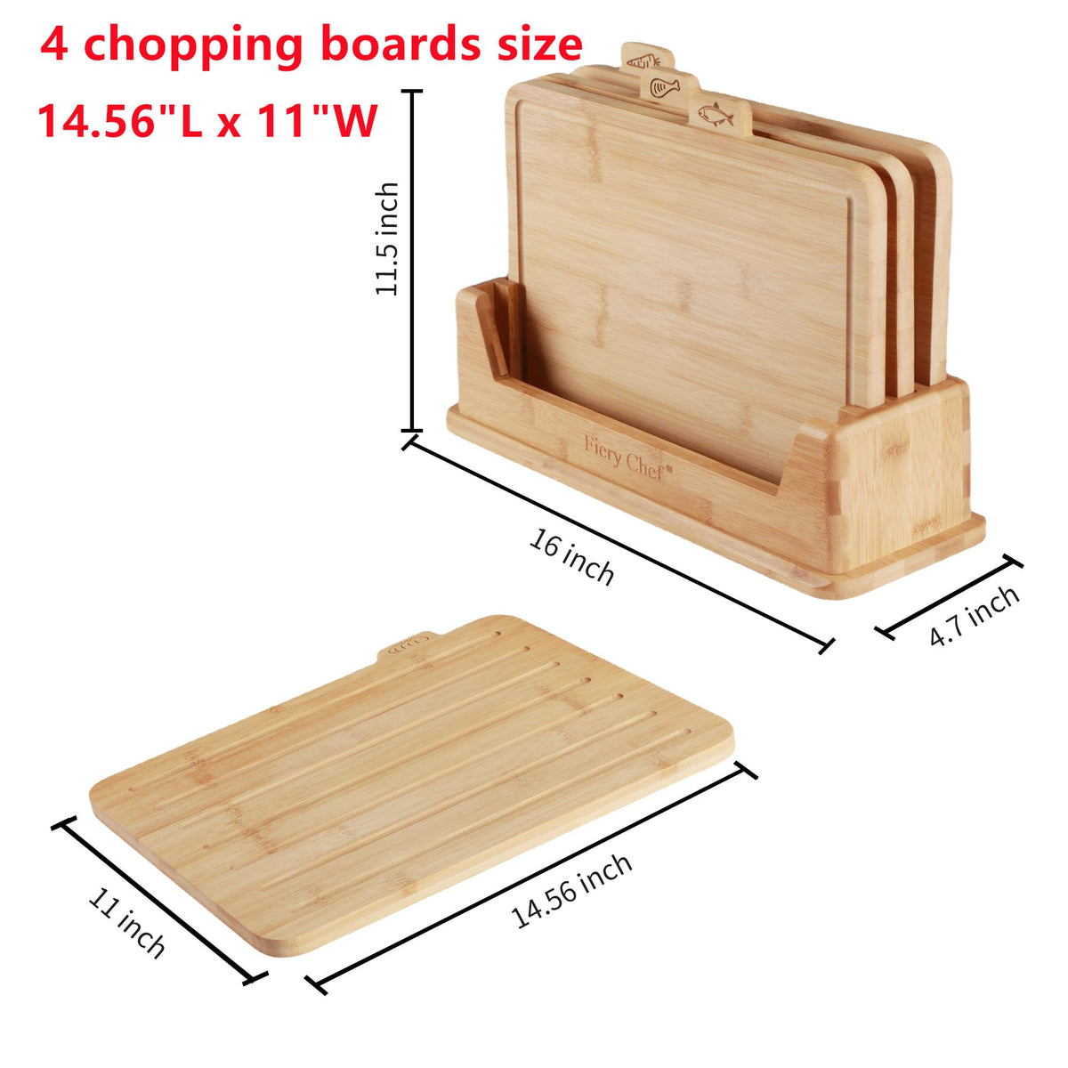 Fiery Chef cutting boards with food icons help separate meats, fish, and produce.