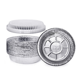 Fig & Leaf 60-pack 7-inch round foil pans with clear dome lids for easy viewing.