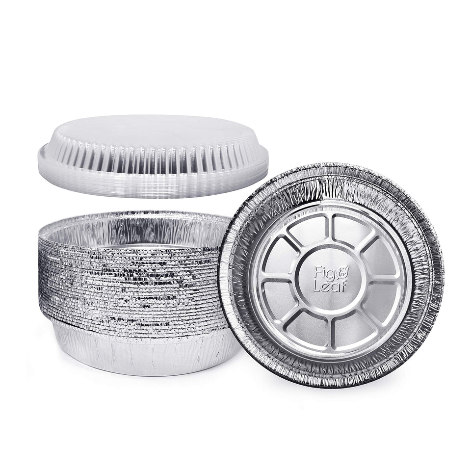 Fig & Leaf 60-pack 7-inch round foil pans with clear dome lids for easy viewing.