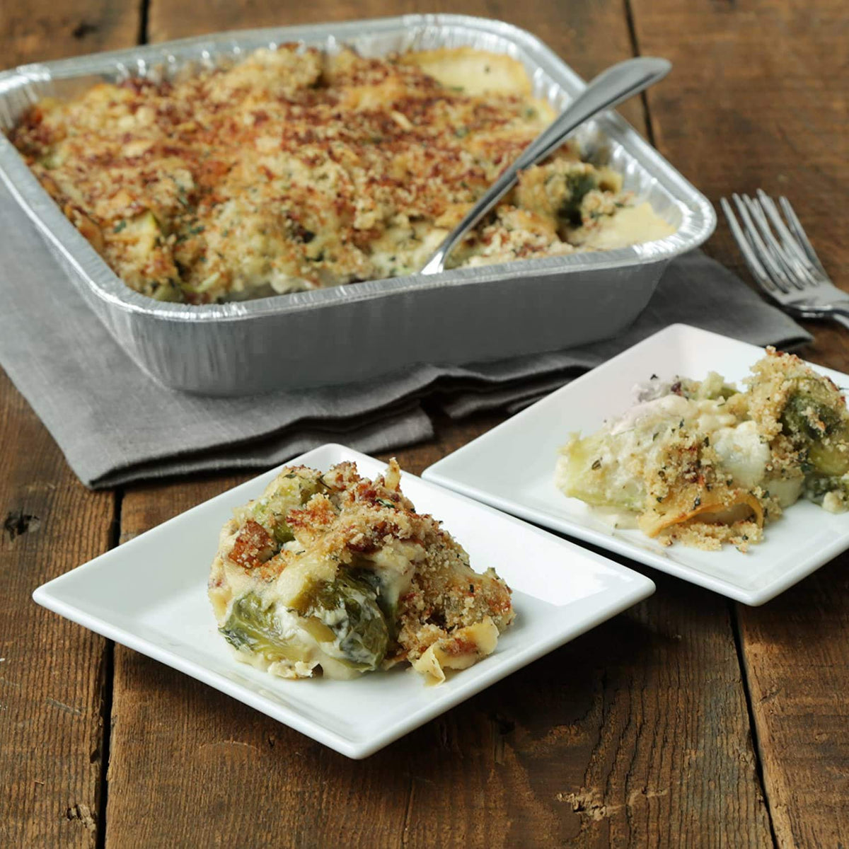 Fig & Leaf easy-cleanup disposable pans save time after cooking and serving.