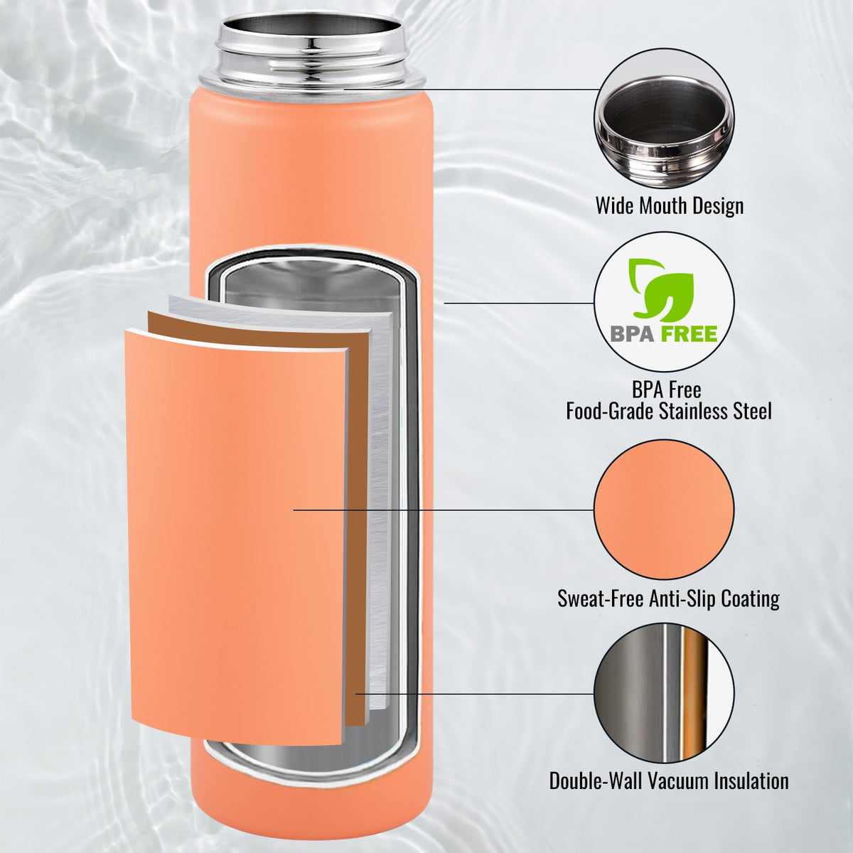 Fijinhom coral bottle wide-mouth top view for quick filling.