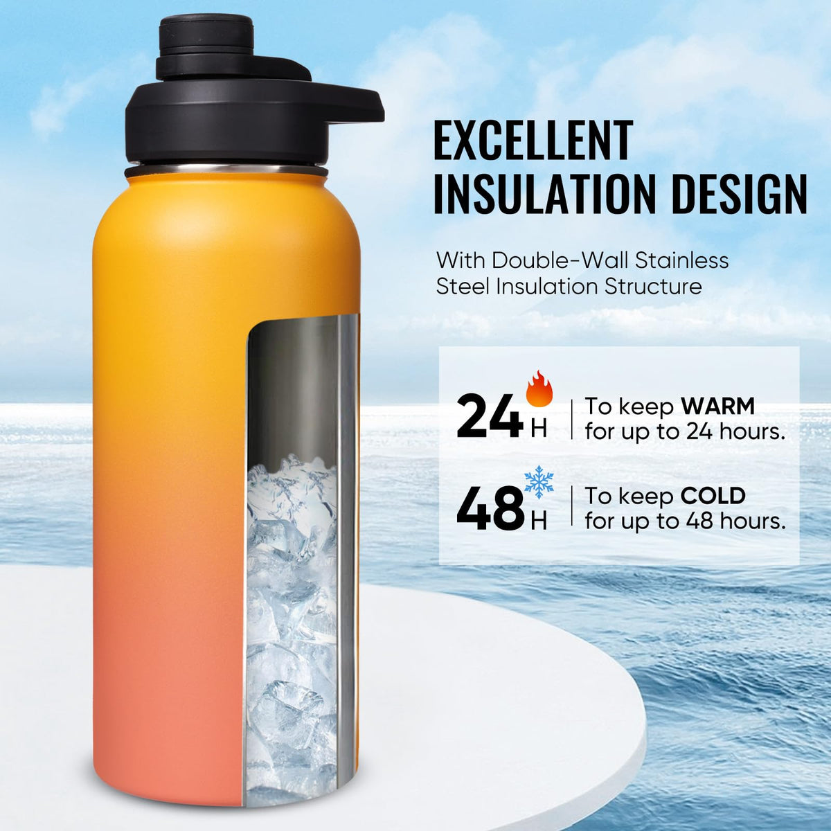 Fijinhom double-wall stainless steel preserves temperature on outdoor adventures.