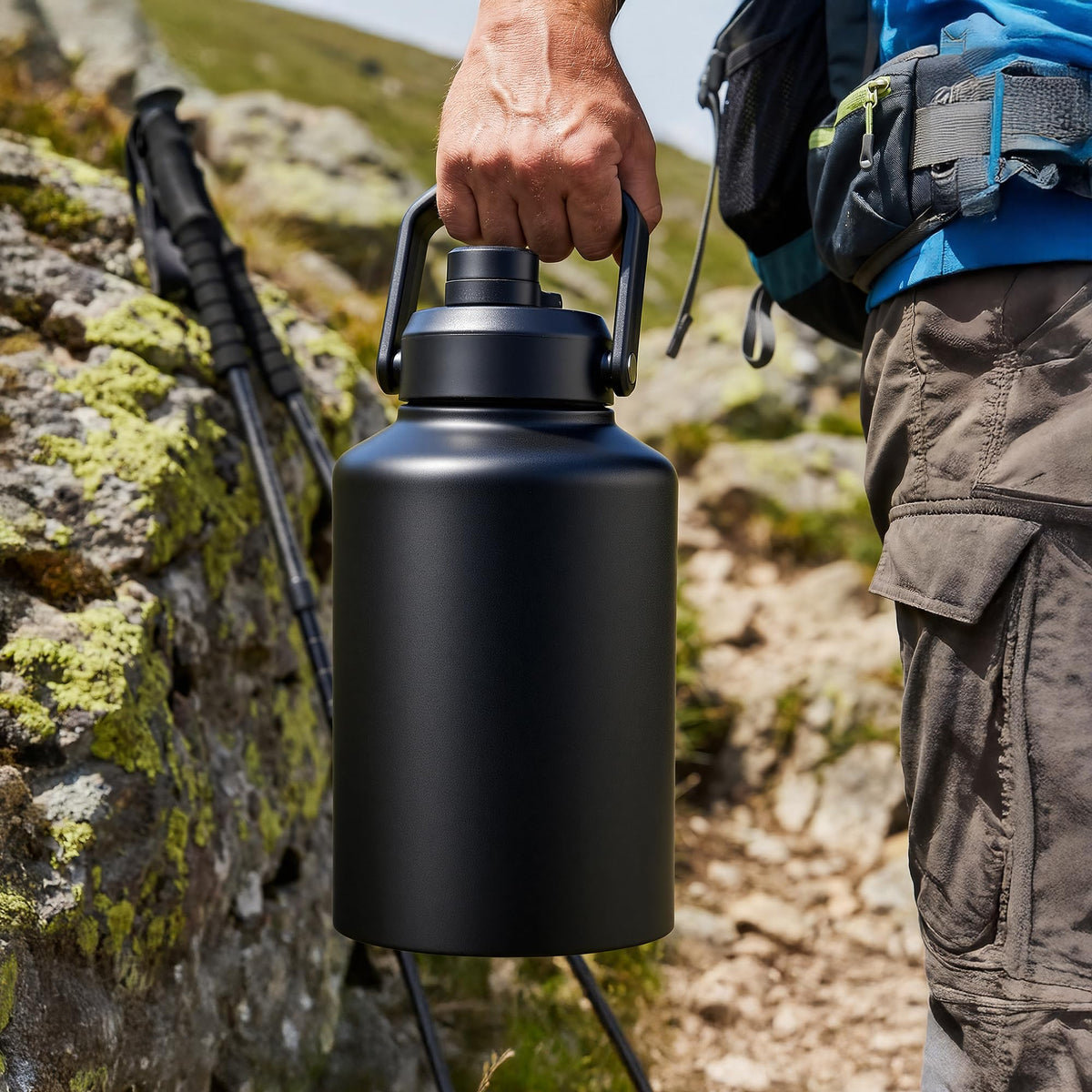 Rugged black bottle ideal for camping, hiking, and construction sites