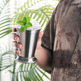 Fijinhom stainless steel mint julep cup reflection emphasizes the premium finish