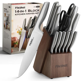 FIKSHOT 14-piece knife block set in walnut block for stylish storage.
