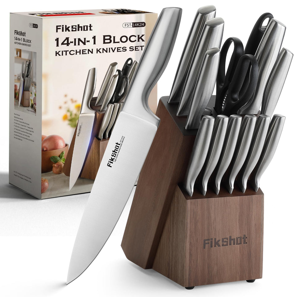 FIKSHOT 14-piece knife block set in walnut block for stylish storage.