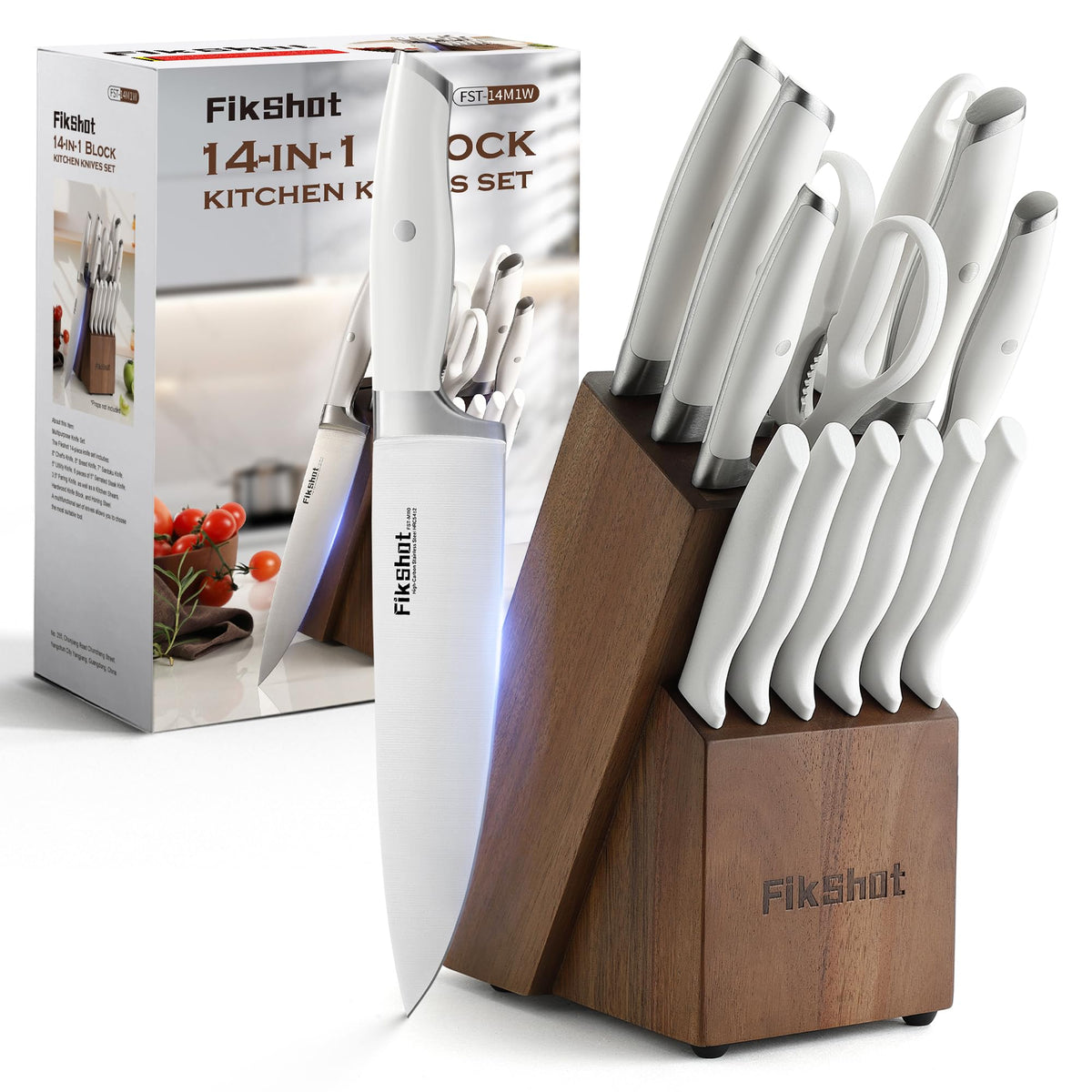 FikShot 14-piece knife set with block and sharpener for organized, efficient cooking.