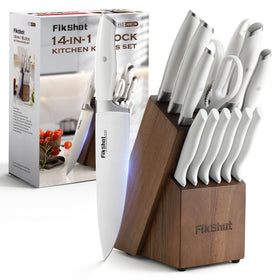 FikShot 14-piece knife set with block and sharpener for organized, efficient cooking.