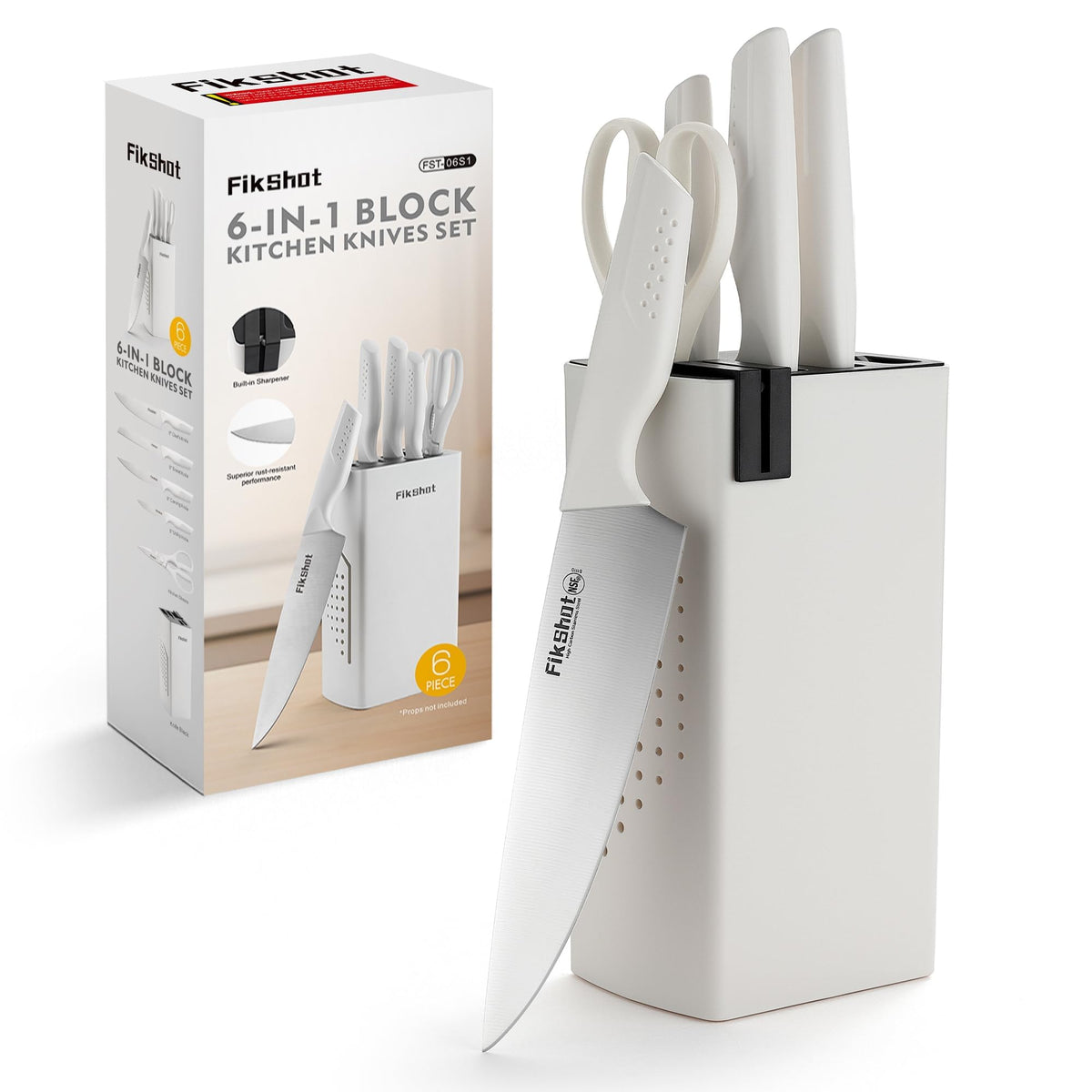 FIKSHOT 6-piece knife set with built-in sharpener for easy blade maintenance