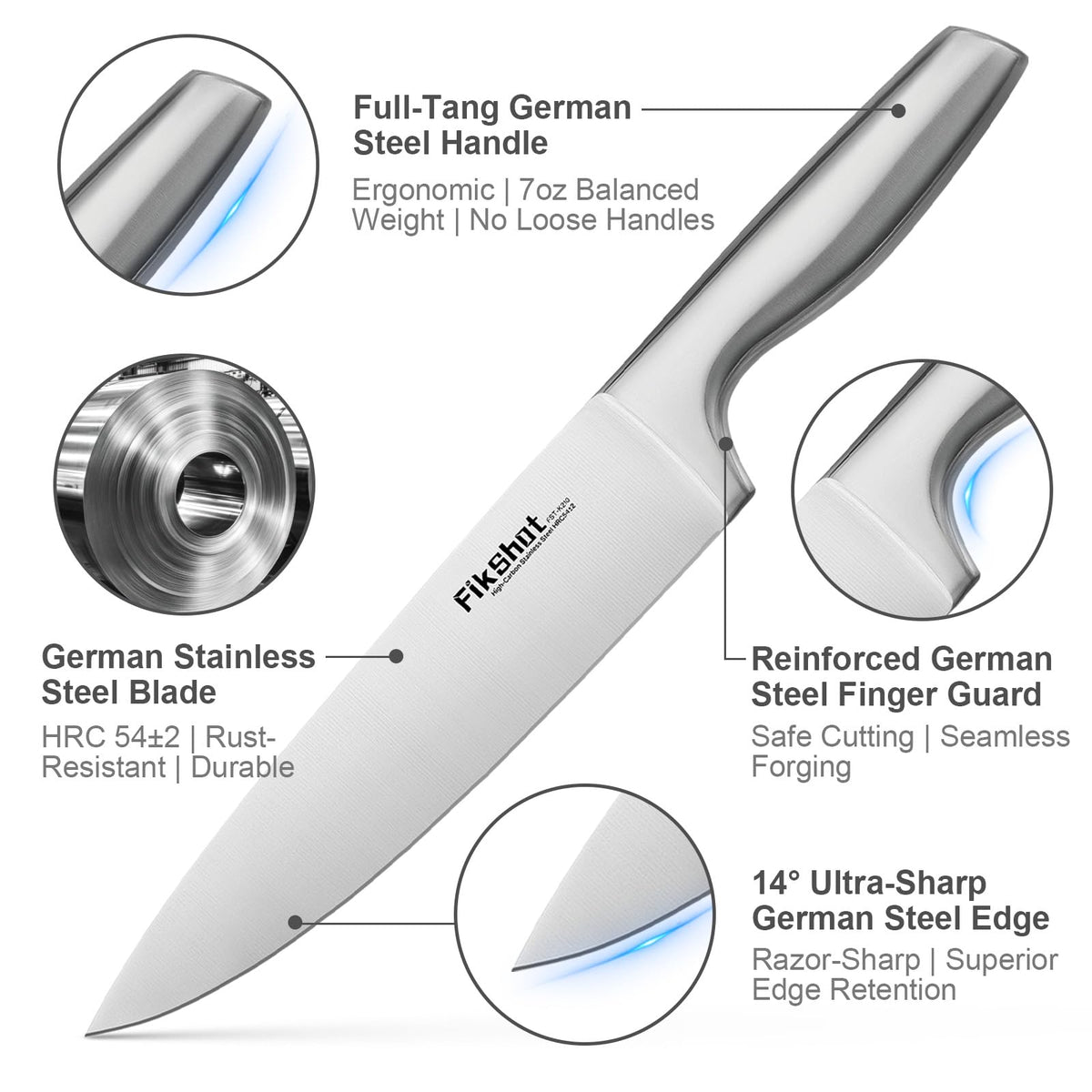 FikShot chef knife in block showcasing a sharp edge for slicing.