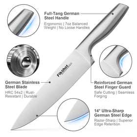 FikShot chef knife in block showcasing a sharp edge for slicing.