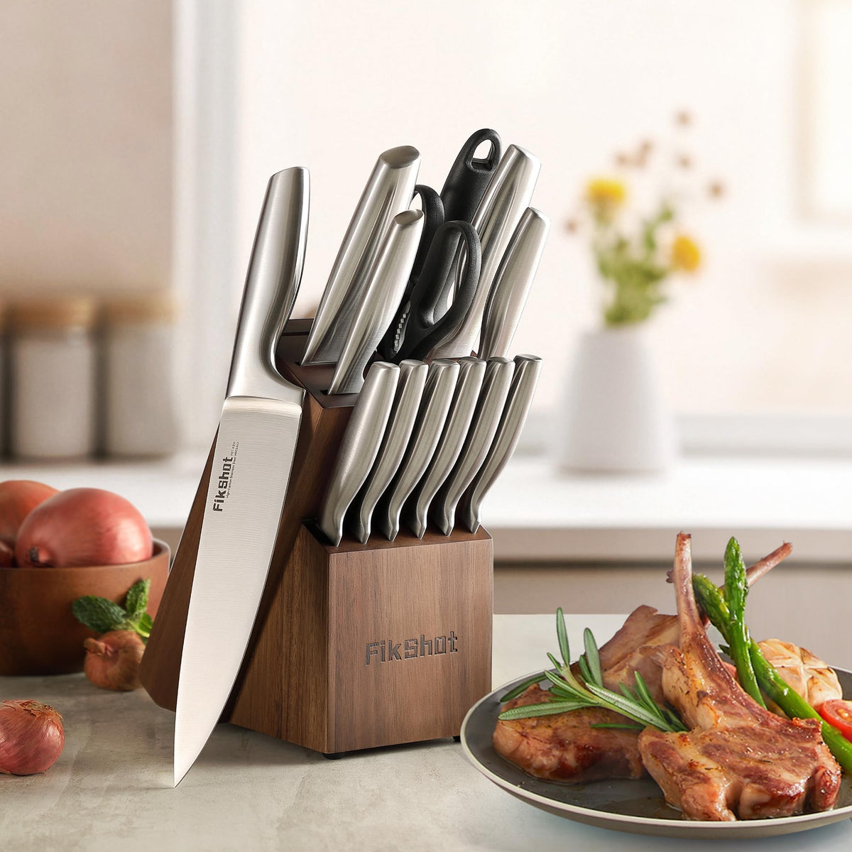 Chef's knife and Santoku blades in view for precise cutting.