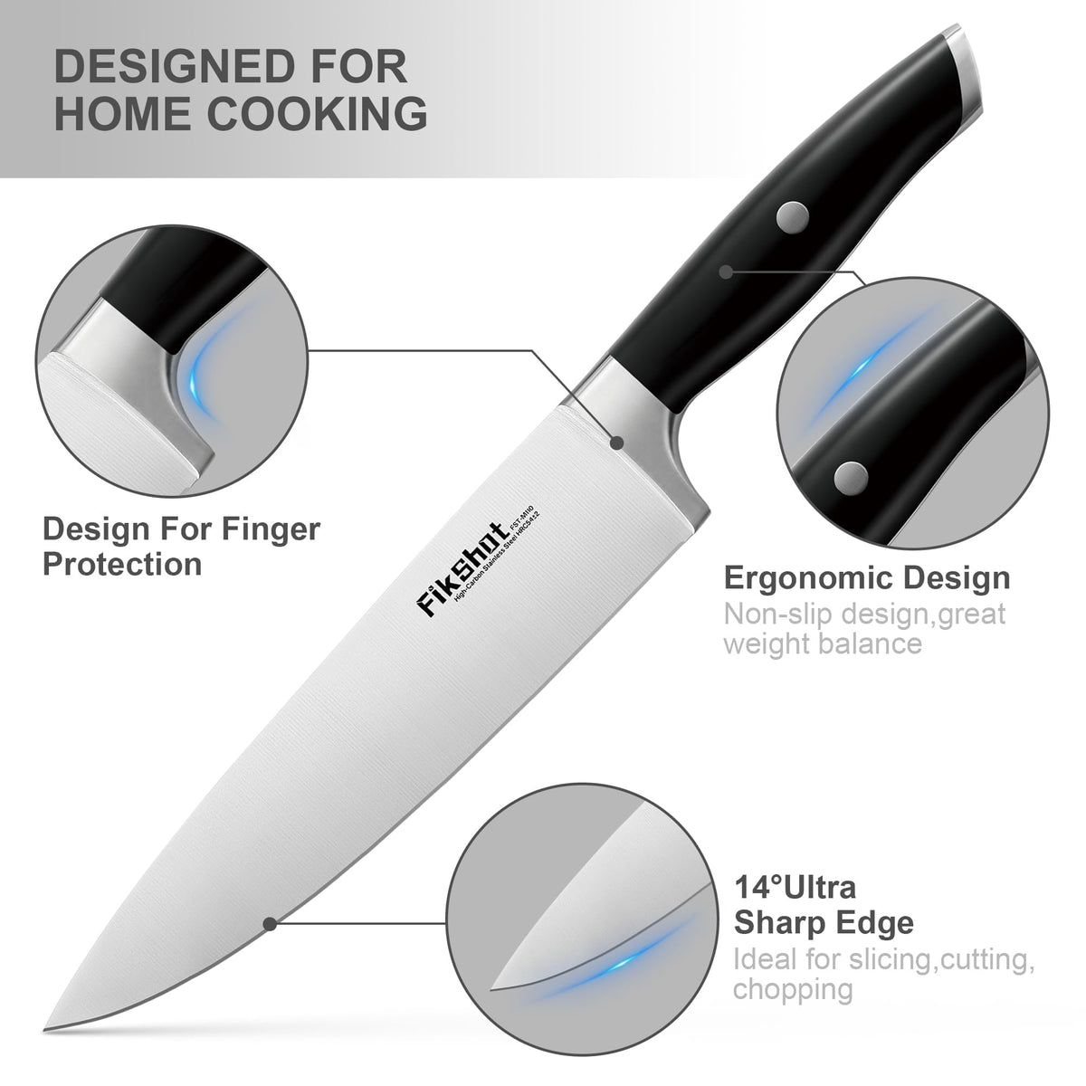 FikShot 7-inch Santoku for versatile chopping of veggies and fish.
