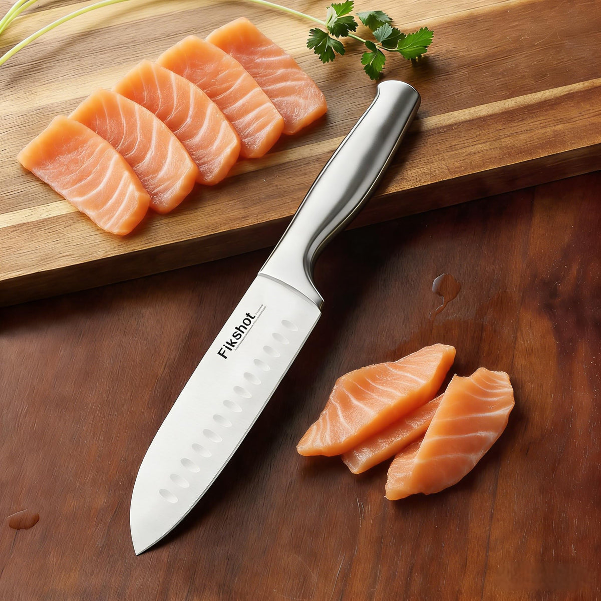 Serrated bread knife cuts crusty loaves smoothly.