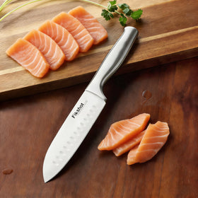 Serrated bread knife cuts crusty loaves smoothly.