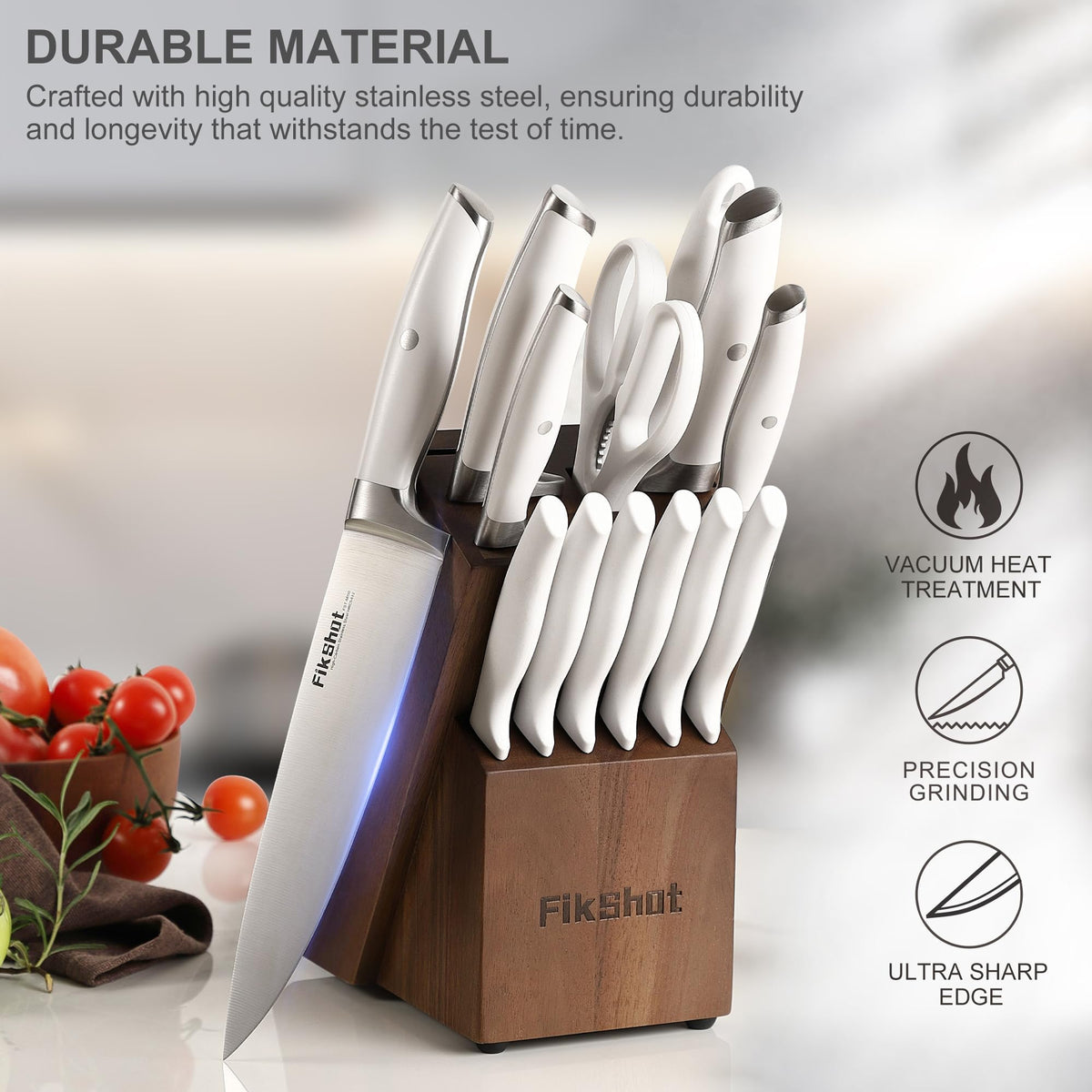 FikShot six 5-inch serrated steak knives for smooth slicing.