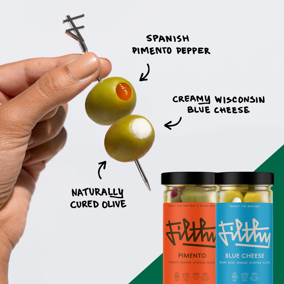 Filthy Food Filthy Martini Kit olive brine jar with clean, premium base