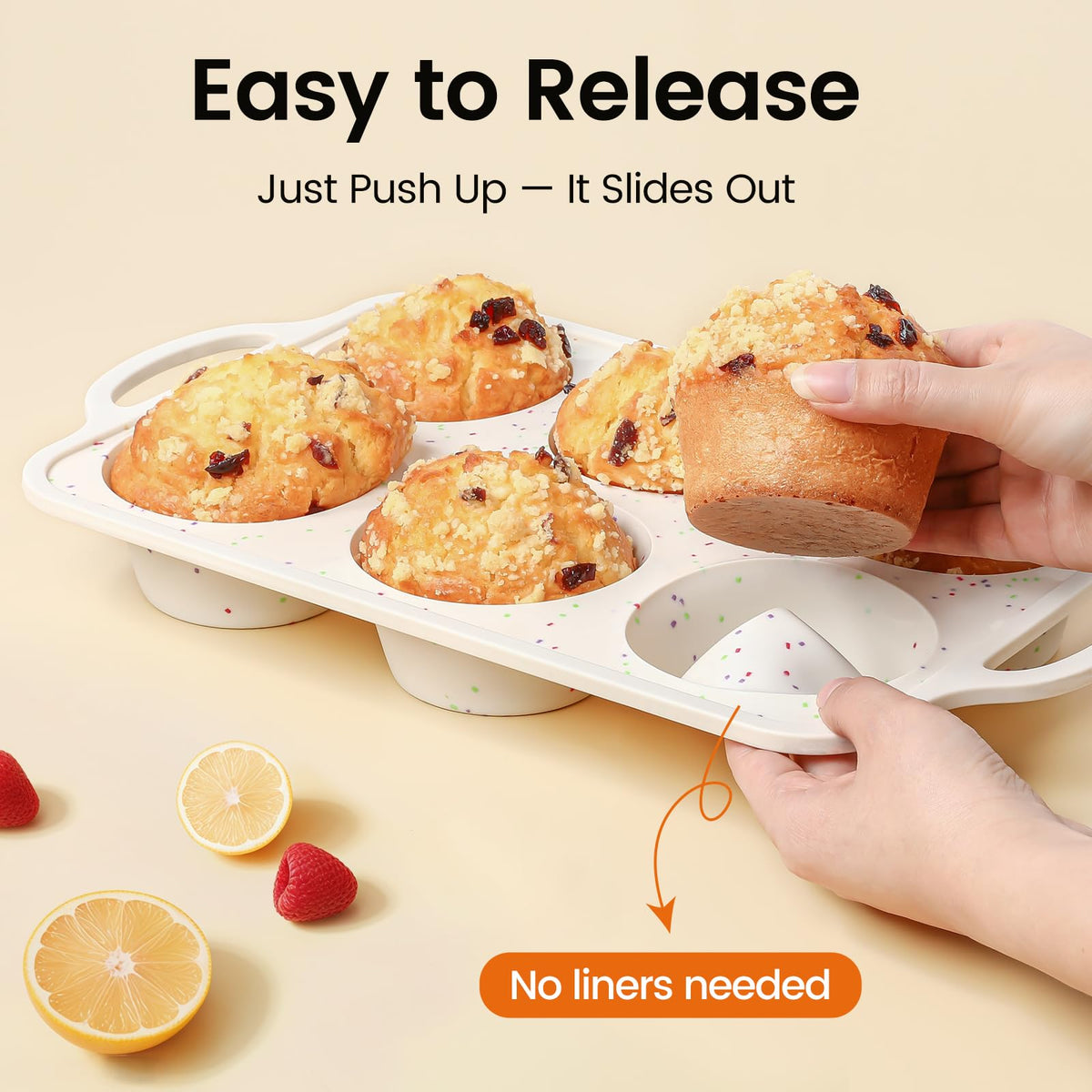 Fimary nonstick release promotes easy removal of muffins