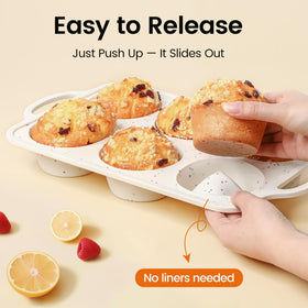Fimary nonstick release promotes easy removal of muffins