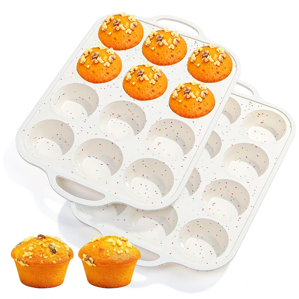 Fimary silicone muffin pan with 12 cups, stable bake results.