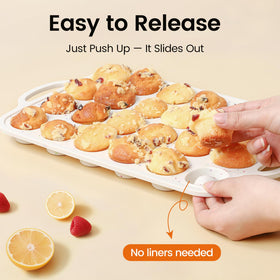 Fimary muffin pan with metal reinforced frame emphasizes stability during high-heat baking
