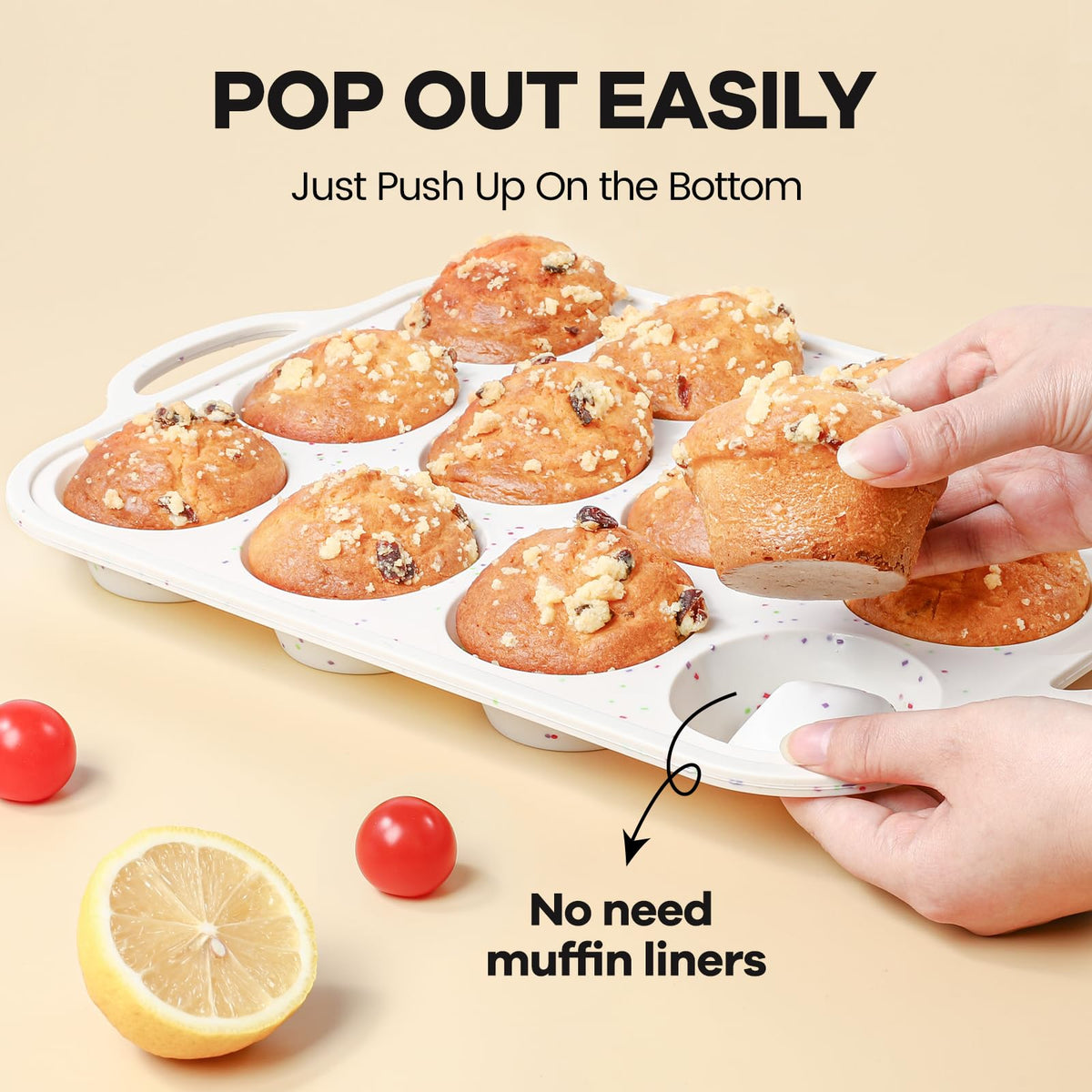 Fimary silicone muffin pan, nonstick surface for easy release.