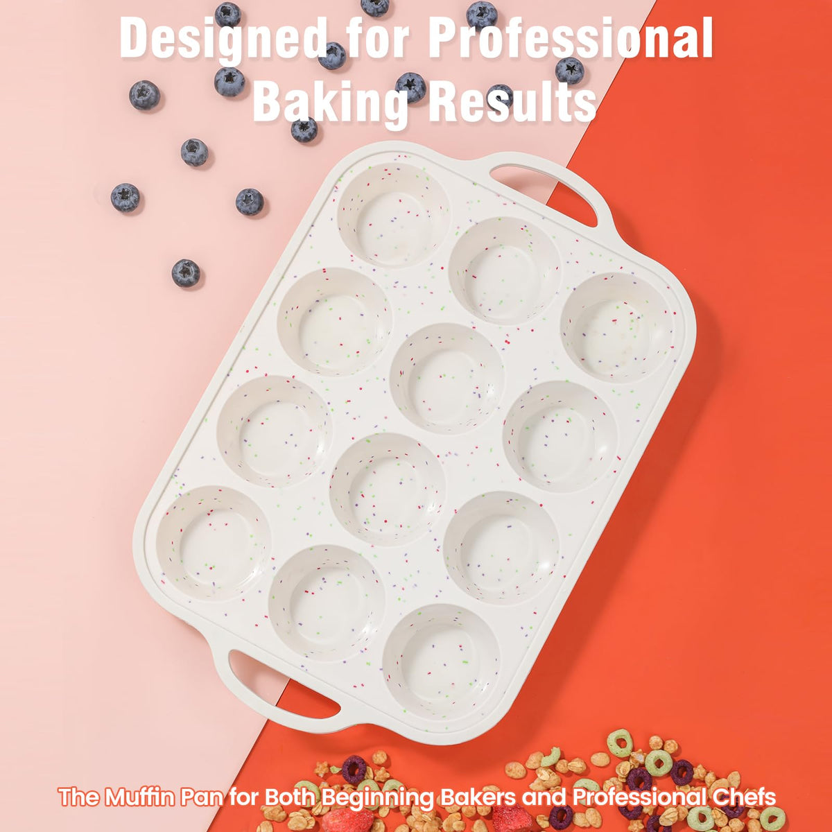 Fimary rainbow-dots silicone muffin pan closeup shows colorful design and flexible surface for easy release