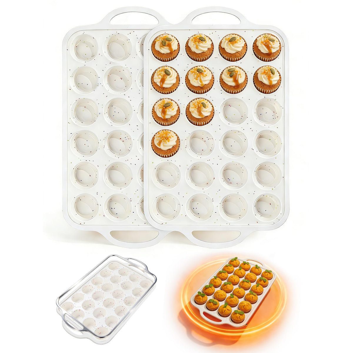 Fimary silicone muffin pans in beige with rainbow spots, versatile for muffins and more.